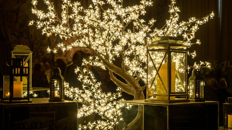 Christmas Display at Hardwick, Derbyshire featuring a lit up blossom tree, surrounded by mirror plinths and lanterns.
